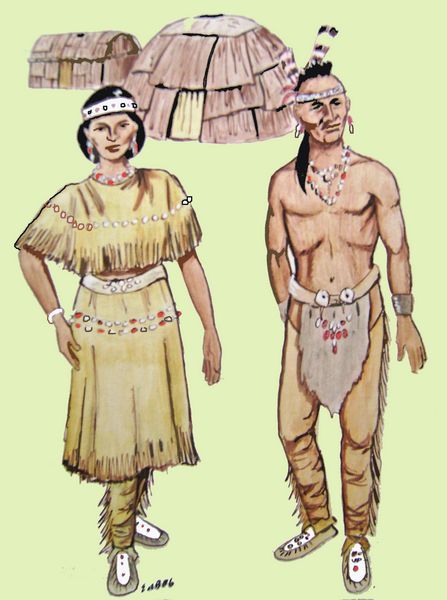 Pokanoket stel met wigwams op achtergrond